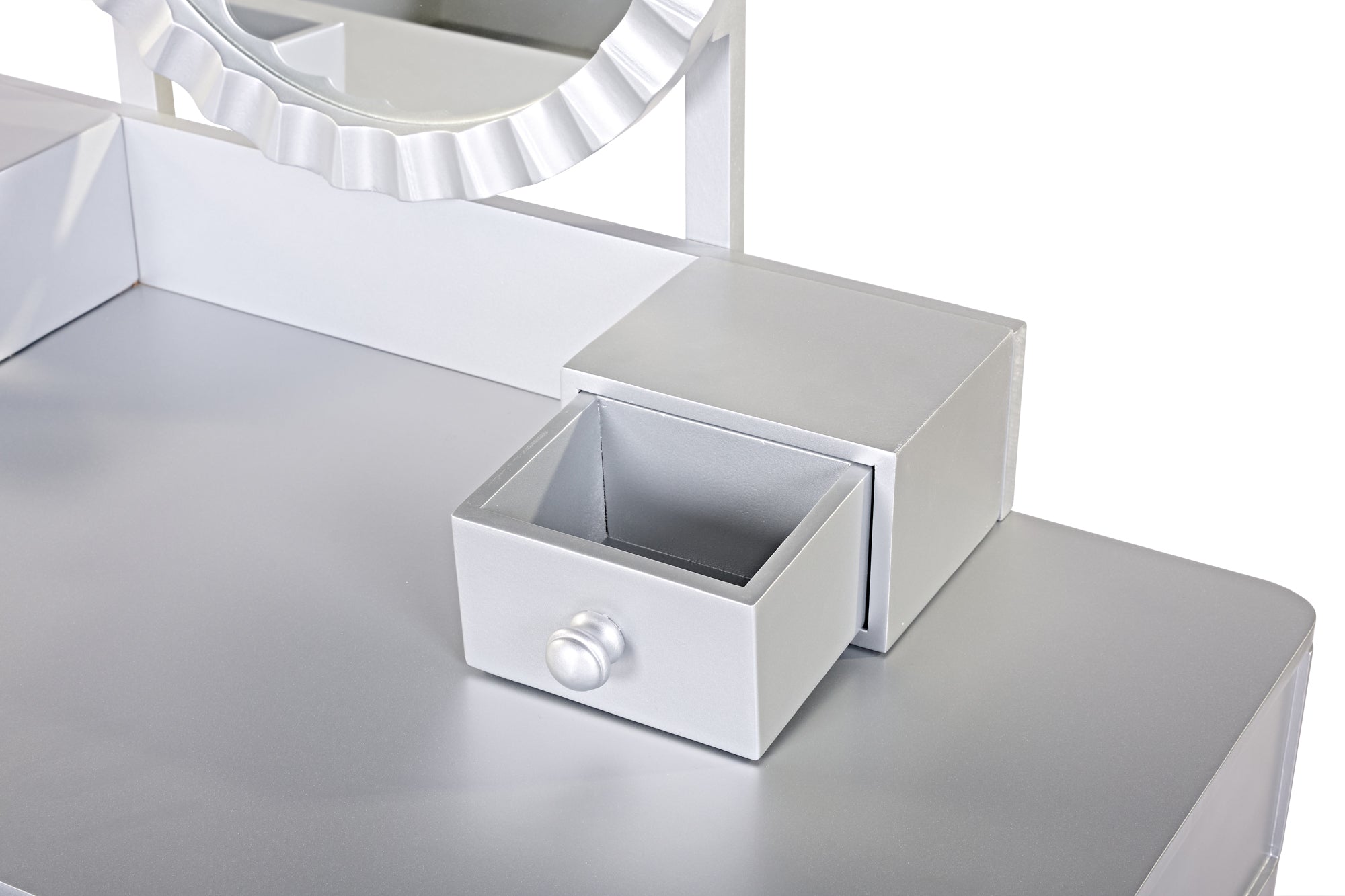 Luxury Vanity Desk with Round Mirror,Height-Adjustable, Stylish Dressing Table Set, 4 Drawers & Stool, Silver