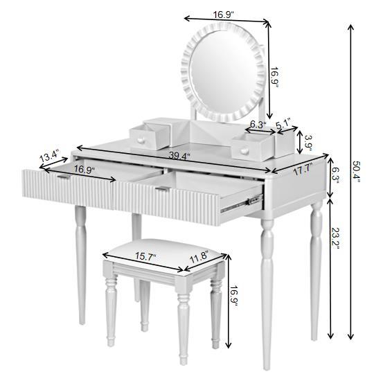 Luxury Vanity Desk with Round Mirror,Height-Adjustable, Stylish Dressing Table Set, 4 Drawers & Stool, Silver