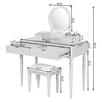 Luxury Vanity Desk with Round Mirror,Height-Adjustable, Stylish Dressing Table Set, 4 Drawers & Stool, Silver