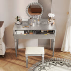 Luxury Vanity Desk with Round Mirror,Height-Adjustable, Stylish Dressing Table Set, 4 Drawers & Stool, Silver