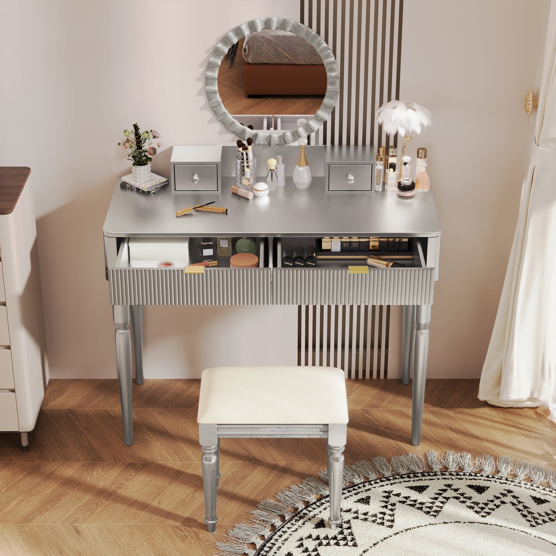 Luxury Vanity Desk with Round Mirror,Height-Adjustable, Stylish Dressing Table Set, 4 Drawers & Stool, Silver