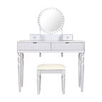 Luxury Vanity Desk with Round Mirror,Height-Adjustable, Stylish Dressing Table Set, 4 Drawers & Stool, Silver