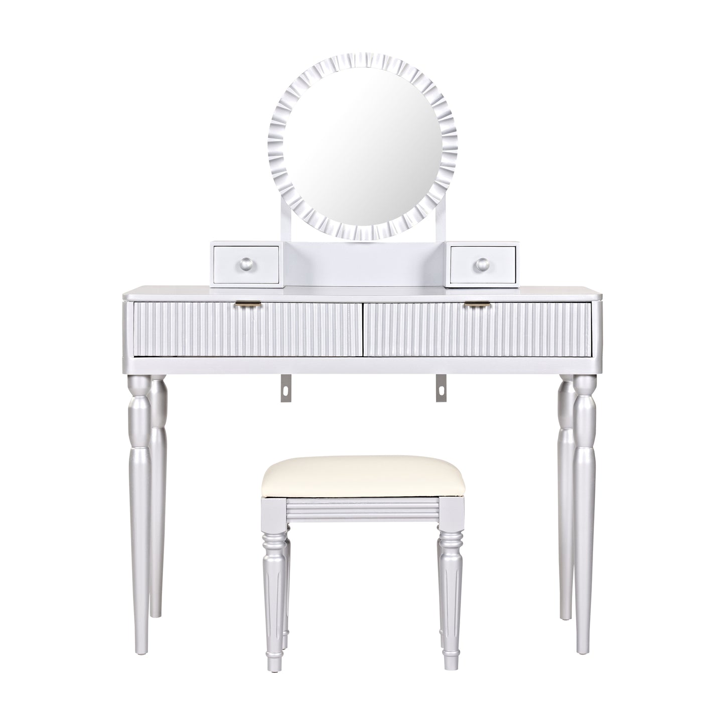 Luxury Vanity Desk with Round Mirror,Height-Adjustable, Stylish Dressing Table Set, 4 Drawers & Stool, Silver