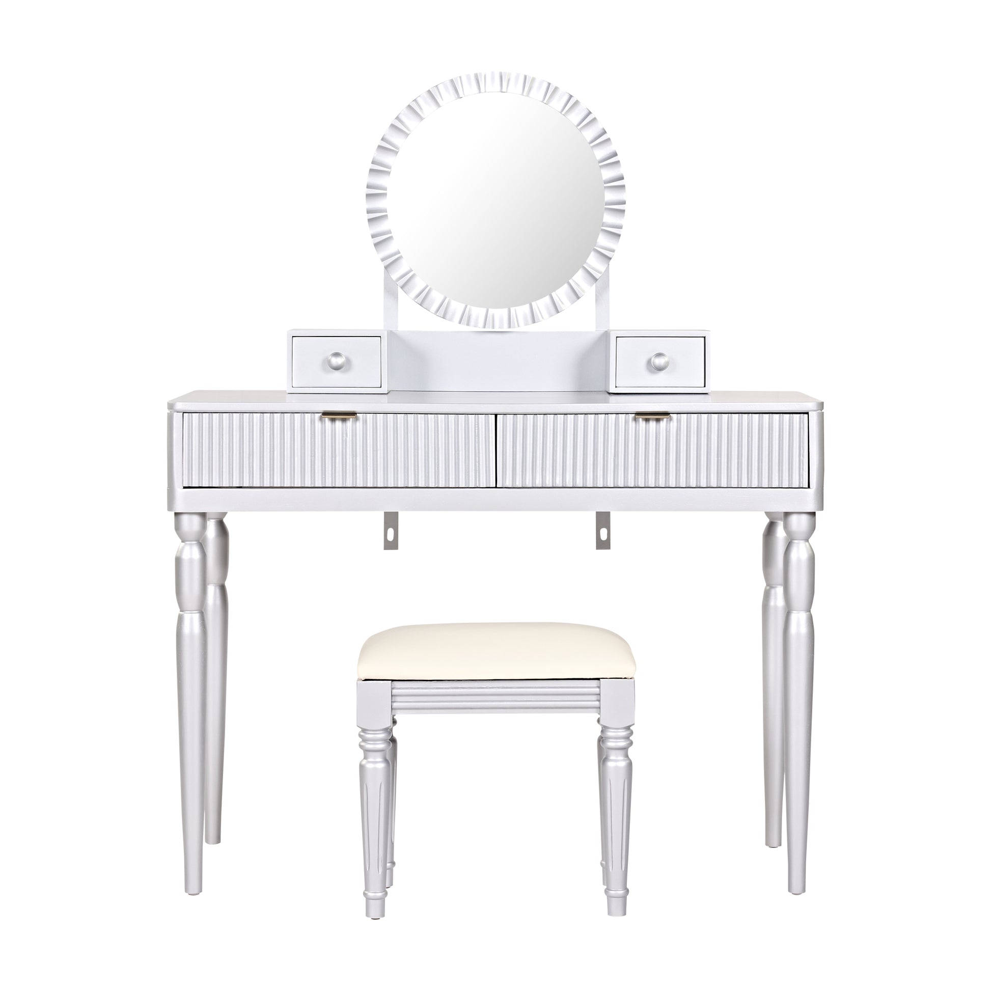 Luxury Vanity Desk with Round Mirror,Height-Adjustable, Stylish Dressing Table Set, 4 Drawers & Stool, Silver