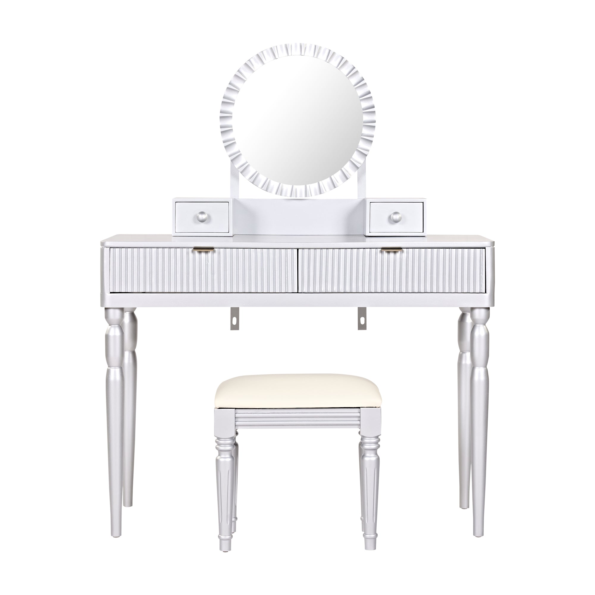 Luxury Vanity Desk with Round Mirror,Height-Adjustable, Stylish Dressing Table Set, 4 Drawers & Stool, Silver