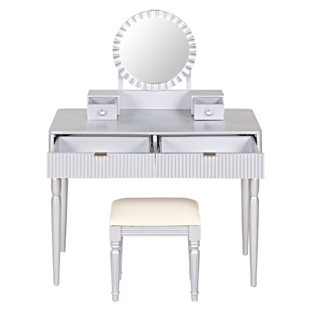 Luxury Vanity Desk with Round Mirror,Height-Adjustable, Stylish Dressing Table Set, 4 Drawers & Stool, Silver