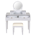Luxury Vanity Desk with Round Mirror,Height-Adjustable, Stylish Dressing Table Set, 4 Drawers & Stool, Silver