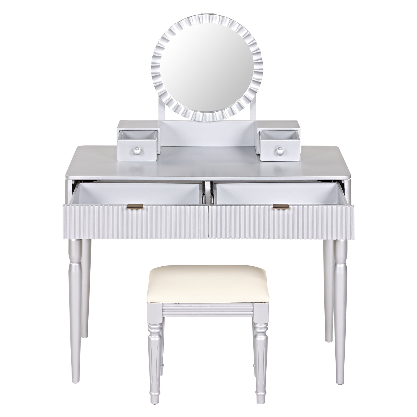 Luxury Vanity Desk with Round Mirror,Height-Adjustable, Stylish Dressing Table Set, 4 Drawers & Stool, Silver