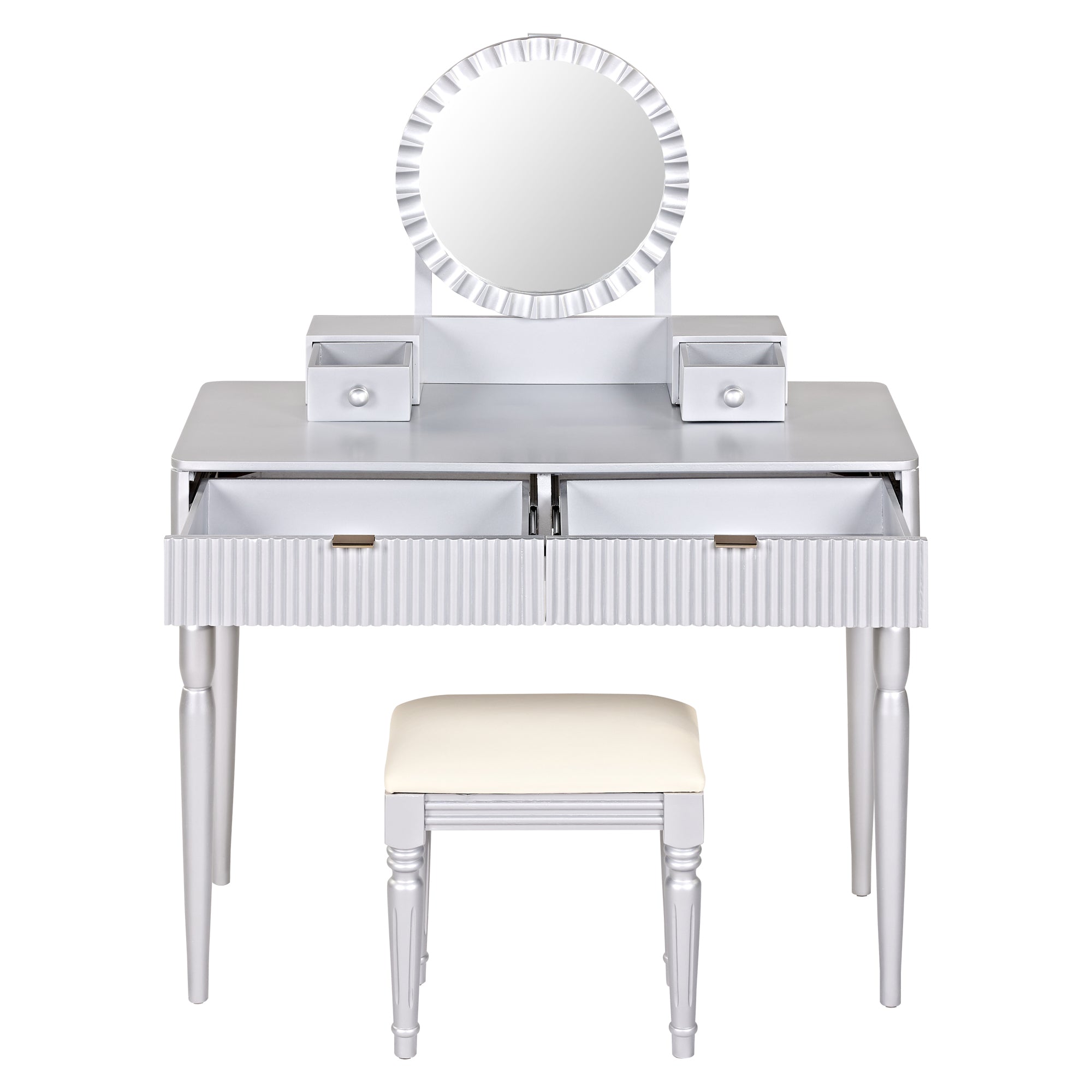 Luxury Vanity Desk with Round Mirror,Height-Adjustable, Stylish Dressing Table Set, 4 Drawers & Stool, Silver
