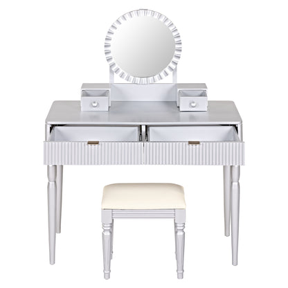 Luxury Vanity Desk with Round Mirror,Height-Adjustable, Stylish Dressing Table Set, 4 Drawers & Stool, Silver