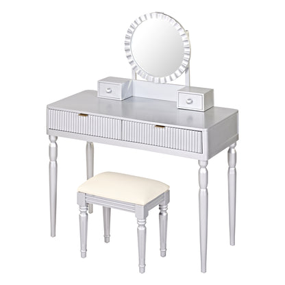 Luxury Vanity Desk with Round Mirror,Height-Adjustable, Stylish Dressing Table Set, 4 Drawers & Stool, Silver