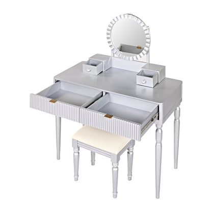 Luxury Vanity Desk with Round Mirror,Height-Adjustable, Stylish Dressing Table Set, 4 Drawers & Stool, Silver