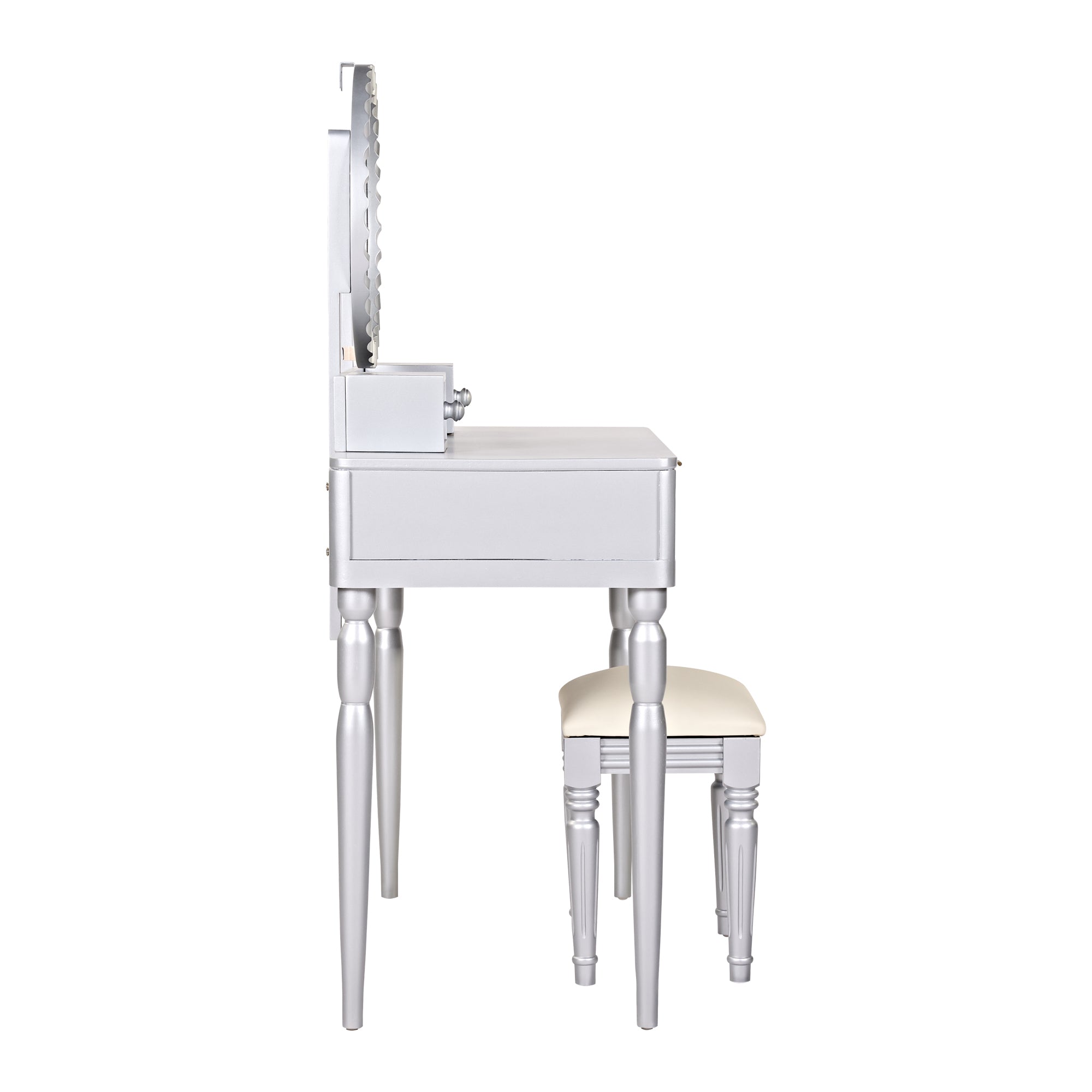 Luxury Vanity Desk with Round Mirror,Height-Adjustable, Stylish Dressing Table Set, 4 Drawers & Stool, Silver