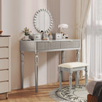 Luxury Vanity Desk with Round Mirror,Height-Adjustable, Stylish Dressing Table Set, 4 Drawers & Stool, Silver