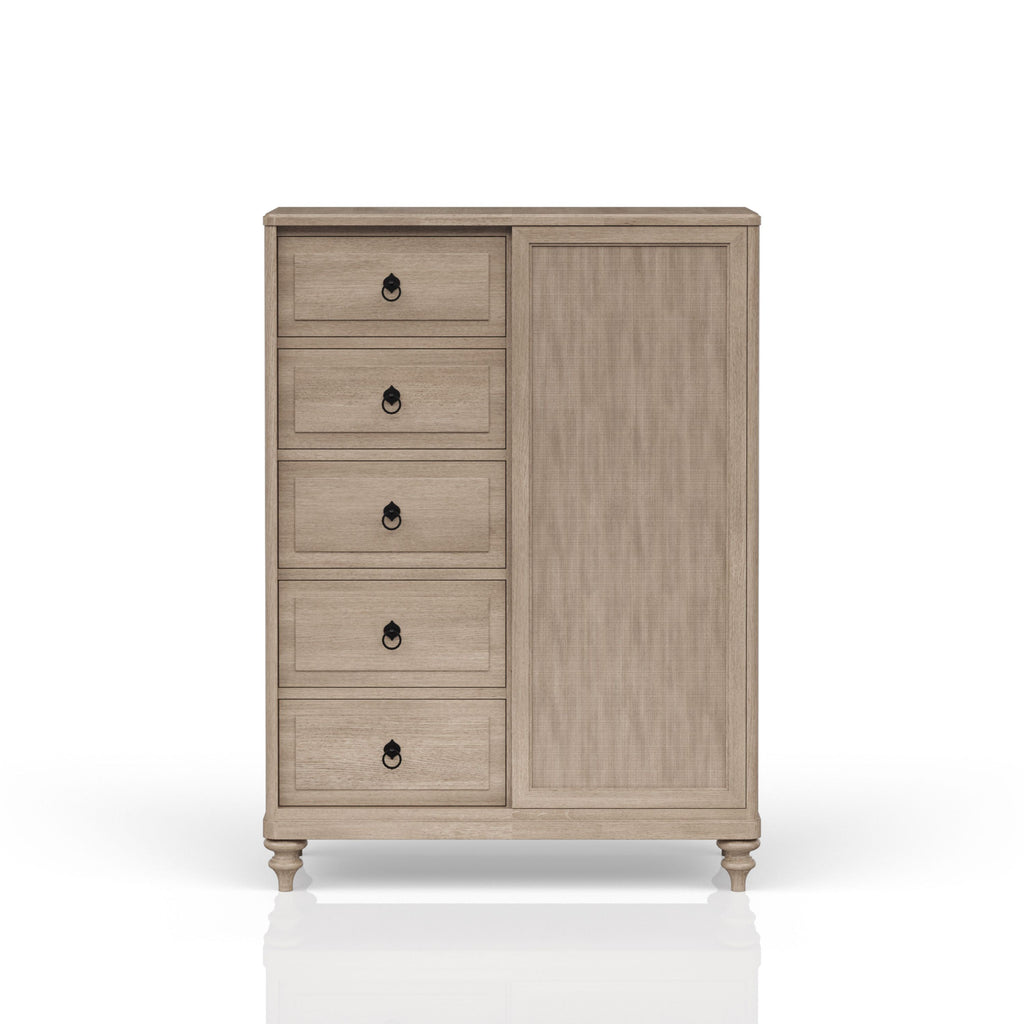 Queen Canopy Bedroom Set with a 2 Drawer Nightstand. a modern Dresser with Poster Mirror and a Door Chest.