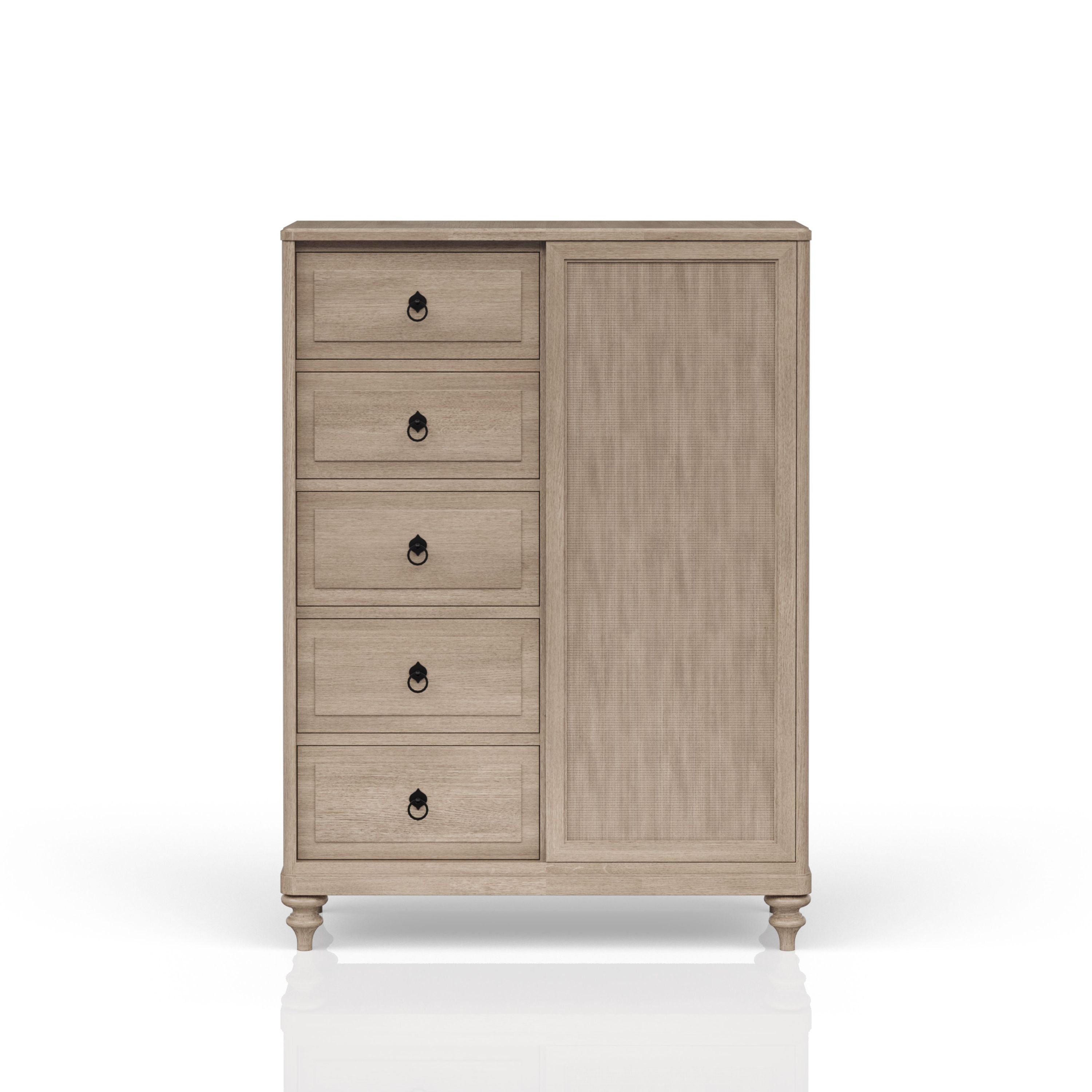 Queen Canopy Bedroom Set with a 2 Drawer Nightstand. a modern Dresser with Poster Mirror and a Door Chest.