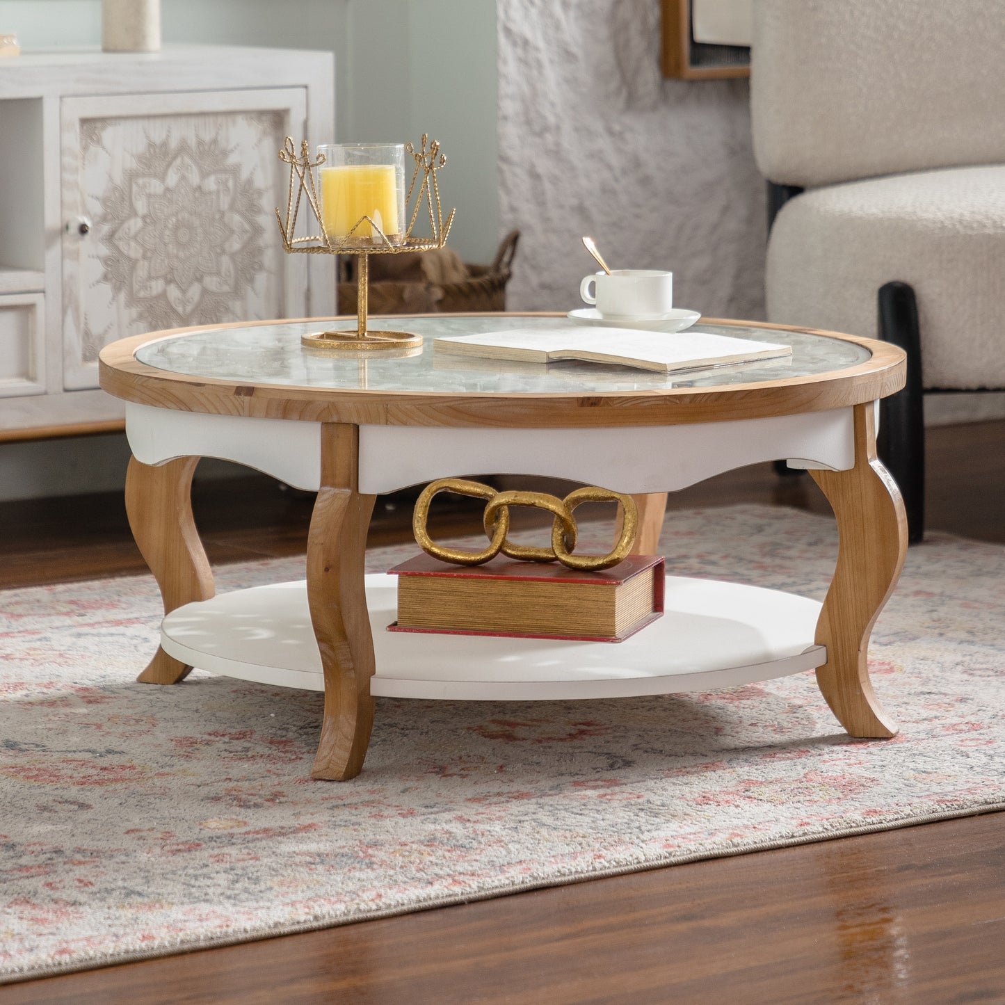 Round Wood Coffee Table with Glass Top, Solid Wooden Circle Center Table with Curved Legs & Removeable Tempered Glass top, Cocktail Table for Living Room , Home Small Space, Easy Assembly Coffee Table