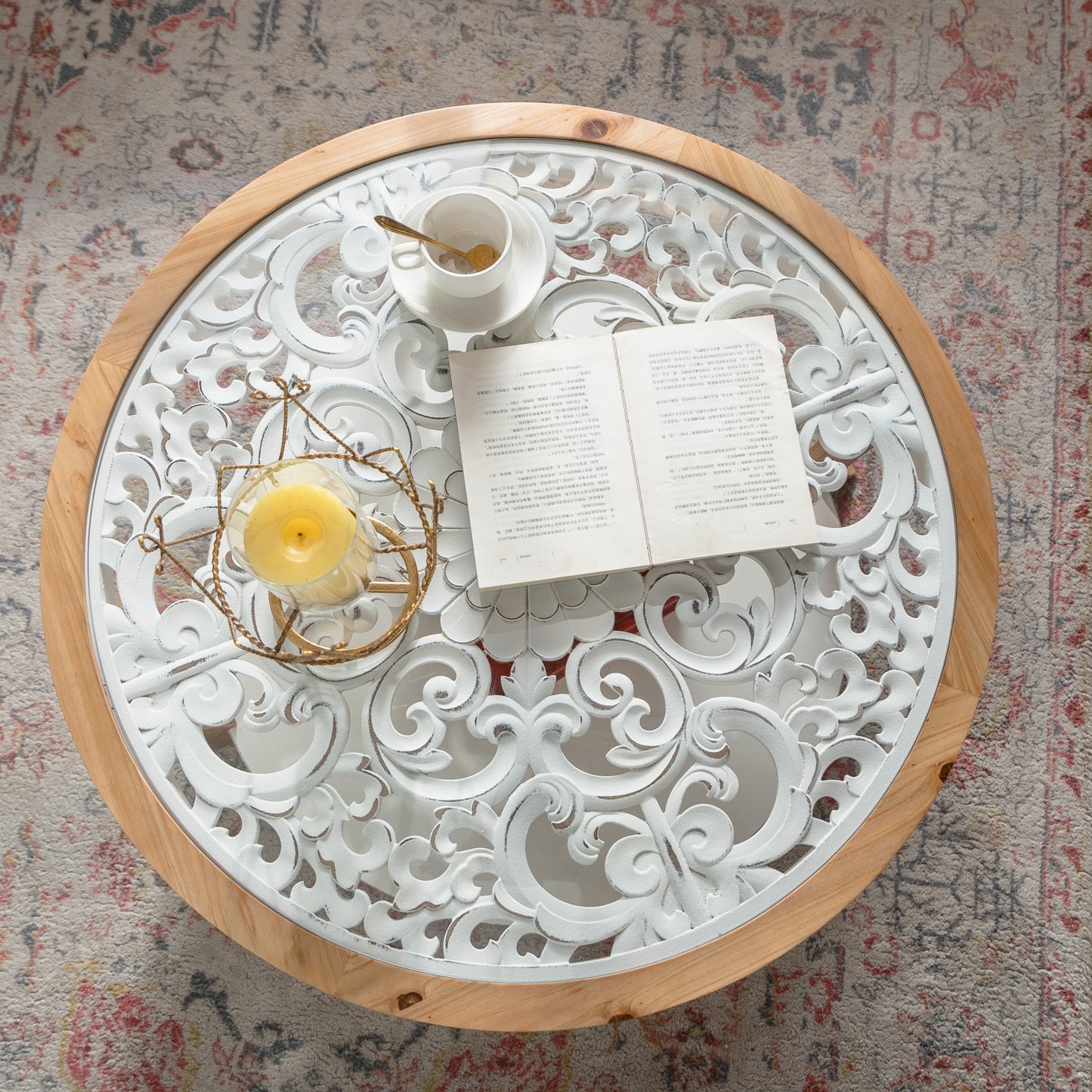 Round Wood Coffee Table with Glass Top, Solid Wooden Circle Center Table with Curved Legs & Removeable Tempered Glass top, Cocktail Table for Living Room , Home Small Space, Easy Assembly Coffee Table