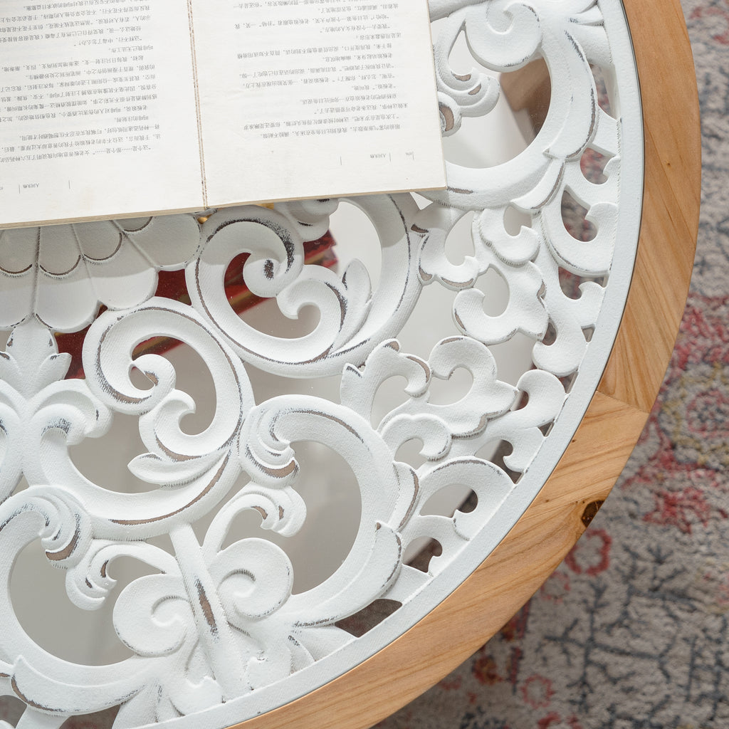 Round Wood Coffee Table with Glass Top, Solid Wooden Circle Center Table with Curved Legs & Removeable Tempered Glass top, Cocktail Table for Living Room , Home Small Space, Easy Assembly Coffee Table