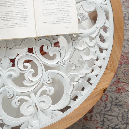 Round Wood Coffee Table with Glass Top, Solid Wooden Circle Center Table with Curved Legs & Removeable Tempered Glass top, Cocktail Table for Living Room , Home Small Space, Easy Assembly Coffee Table