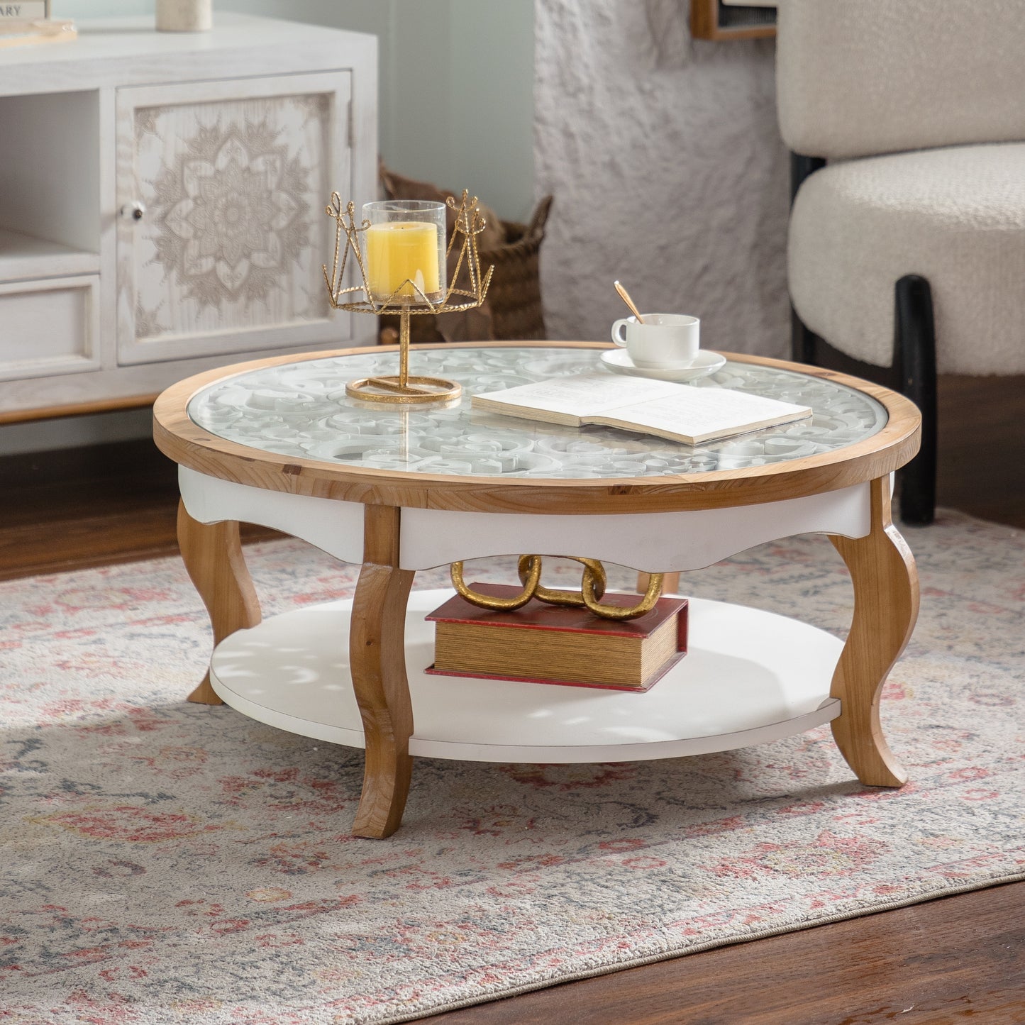 Round Wood Coffee Table with Glass Top, Solid Wooden Circle Center Table with Curved Legs & Removeable Tempered Glass top, Cocktail Table for Living Room , Home Small Space, Easy Assembly Coffee Table