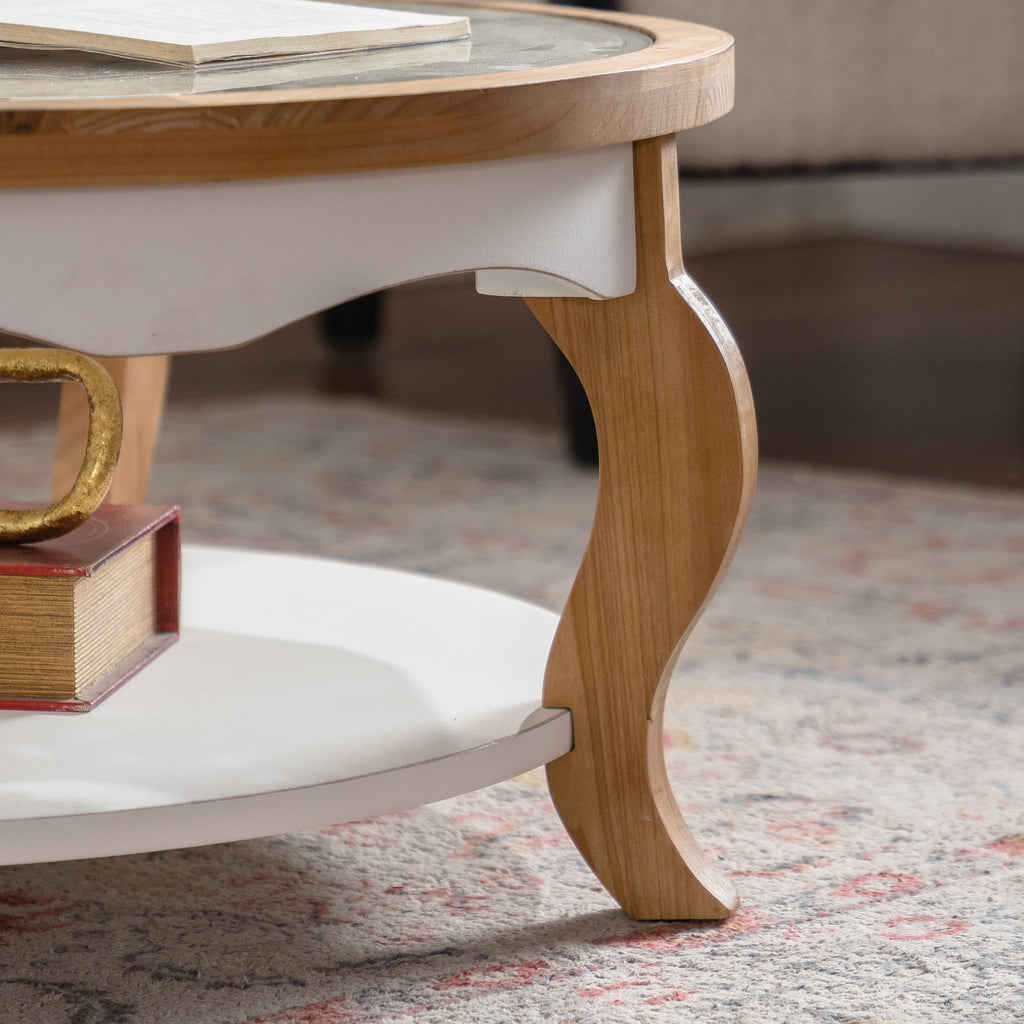 Round Wood Coffee Table with Glass Top, Solid Wooden Circle Center Table with Curved Legs & Removeable Tempered Glass top, Cocktail Table for Living Room , Home Small Space, Easy Assembly Coffee Table