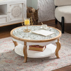 Round Wood Coffee Table with Glass Top, Solid Wooden Circle Center Table with Curved Legs & Removeable Tempered Glass top, Cocktail Table for Living Room , Home Small Space, Easy Assembly Coffee Table