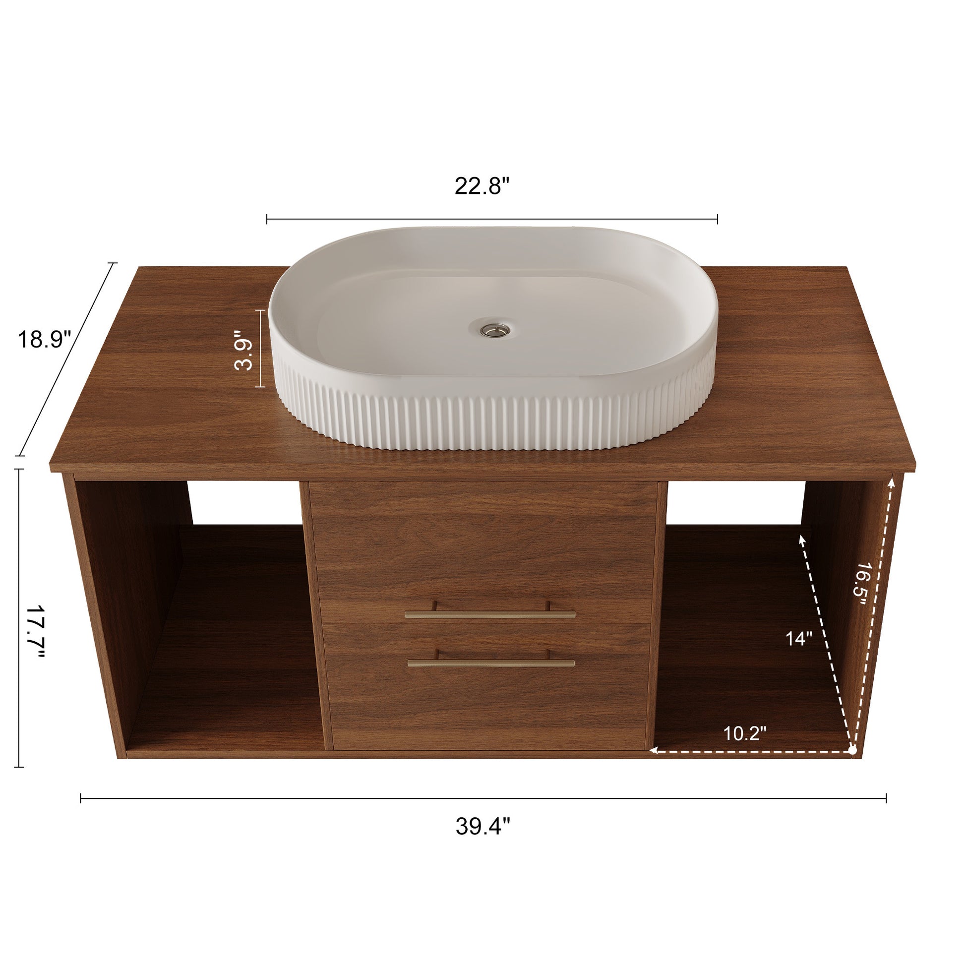 Modern 39.4 Wall-Mounted Bathroom Vanity with Oval Ceramic Sink Floating Vanity Multi-Layer Solid Wood Cabinet Soft-Close Drawers Open Shelf Storage Bathroom Vanity