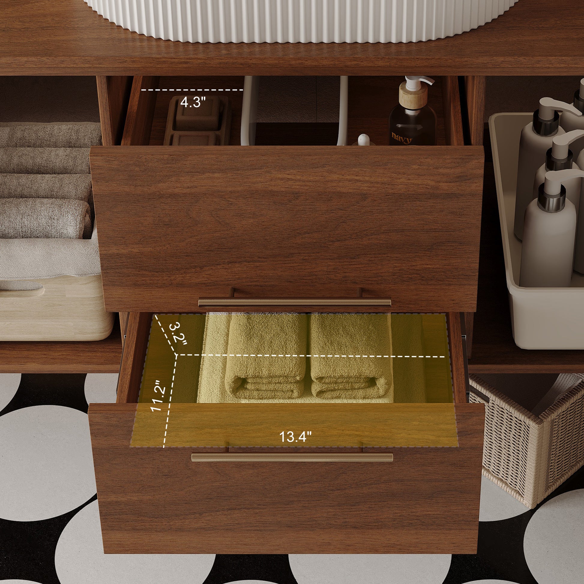 Modern 39.4 Wall-Mounted Bathroom Vanity with Oval Ceramic Sink Floating Vanity Multi-Layer Solid Wood Cabinet Soft-Close Drawers Open Shelf Storage Bathroom Vanity