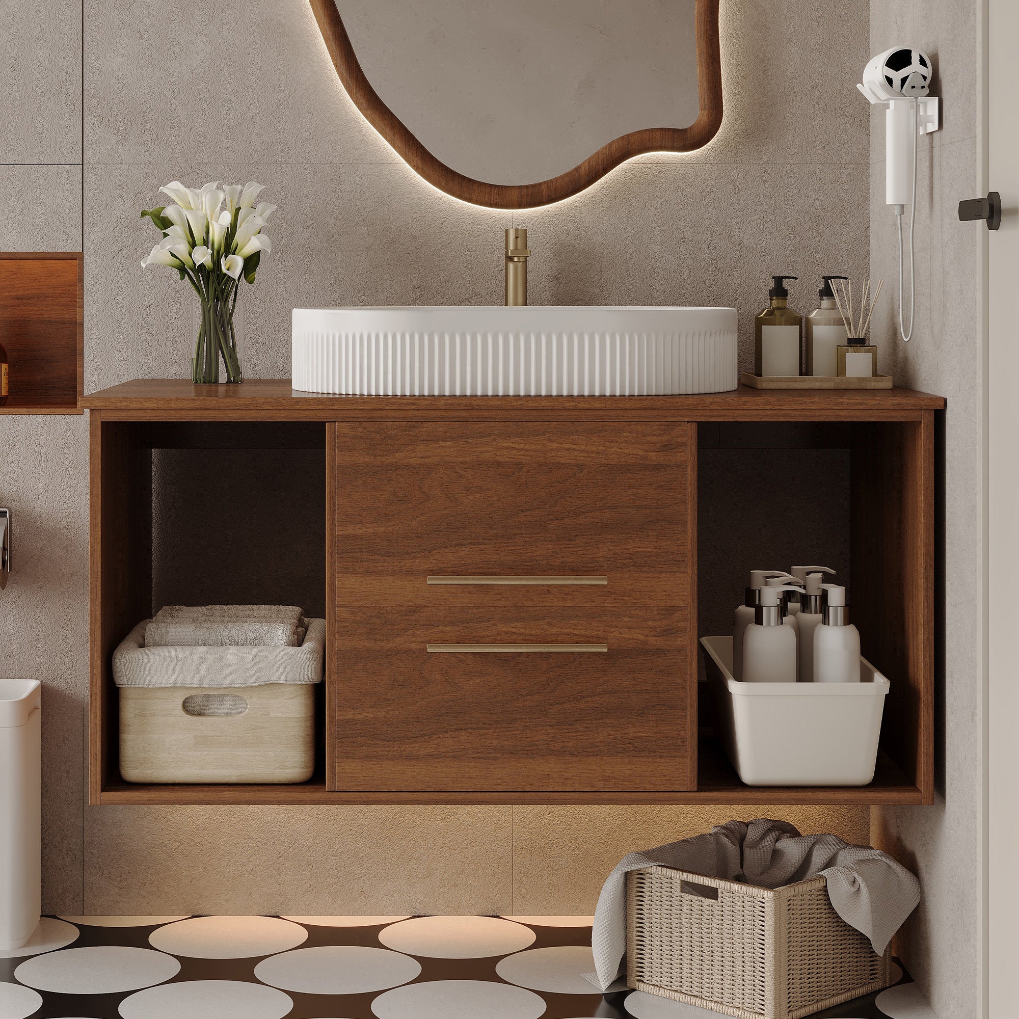 Modern 39.4 Wall-Mounted Bathroom Vanity with Oval Ceramic Sink Floating Vanity Multi-Layer Solid Wood Cabinet Soft-Close Drawers Open Shelf Storage Bathroom Vanity