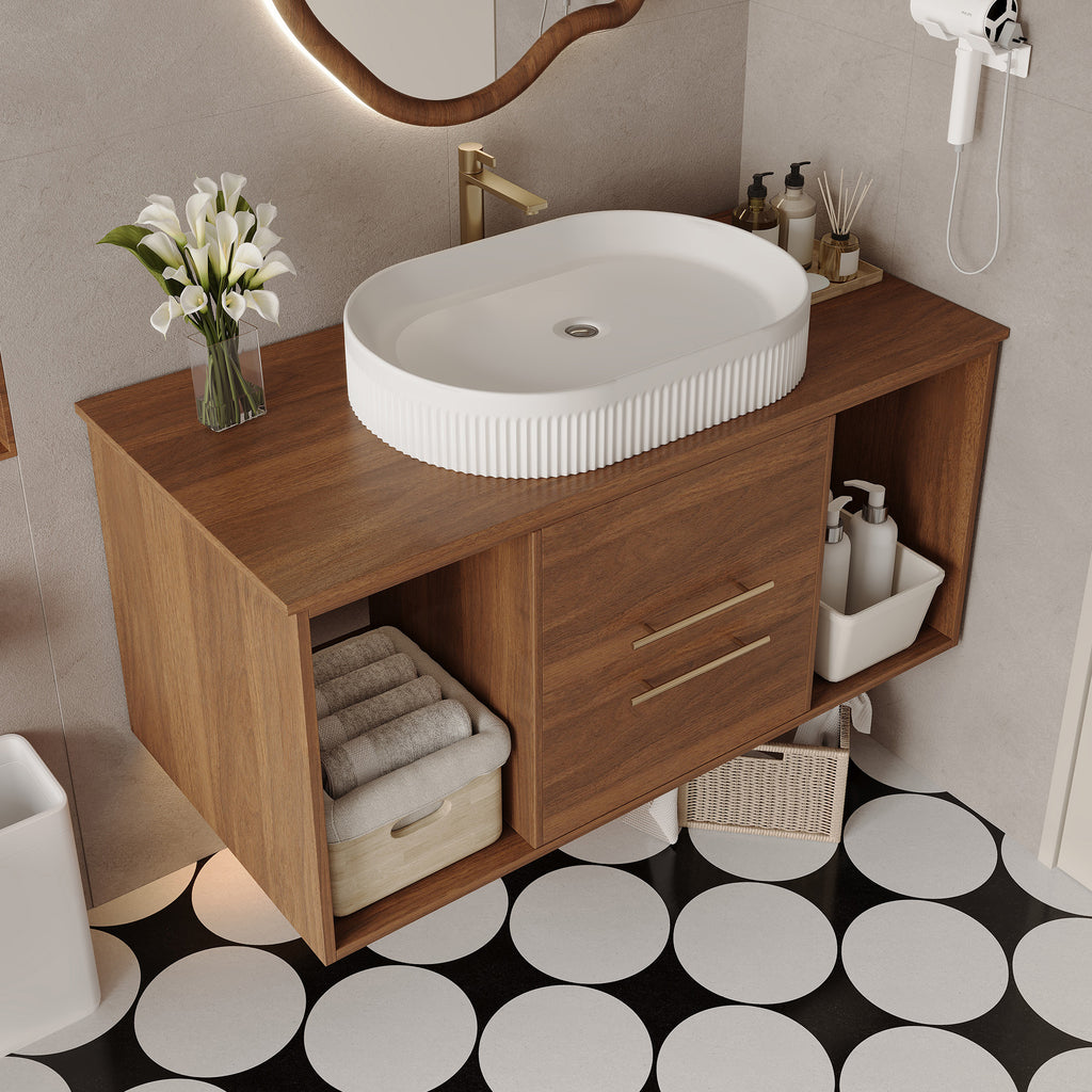 Modern 39.4 Wall-Mounted Bathroom Vanity with Oval Ceramic Sink Floating Vanity Multi-Layer Solid Wood Cabinet Soft-Close Drawers Open Shelf Storage Bathroom Vanity
