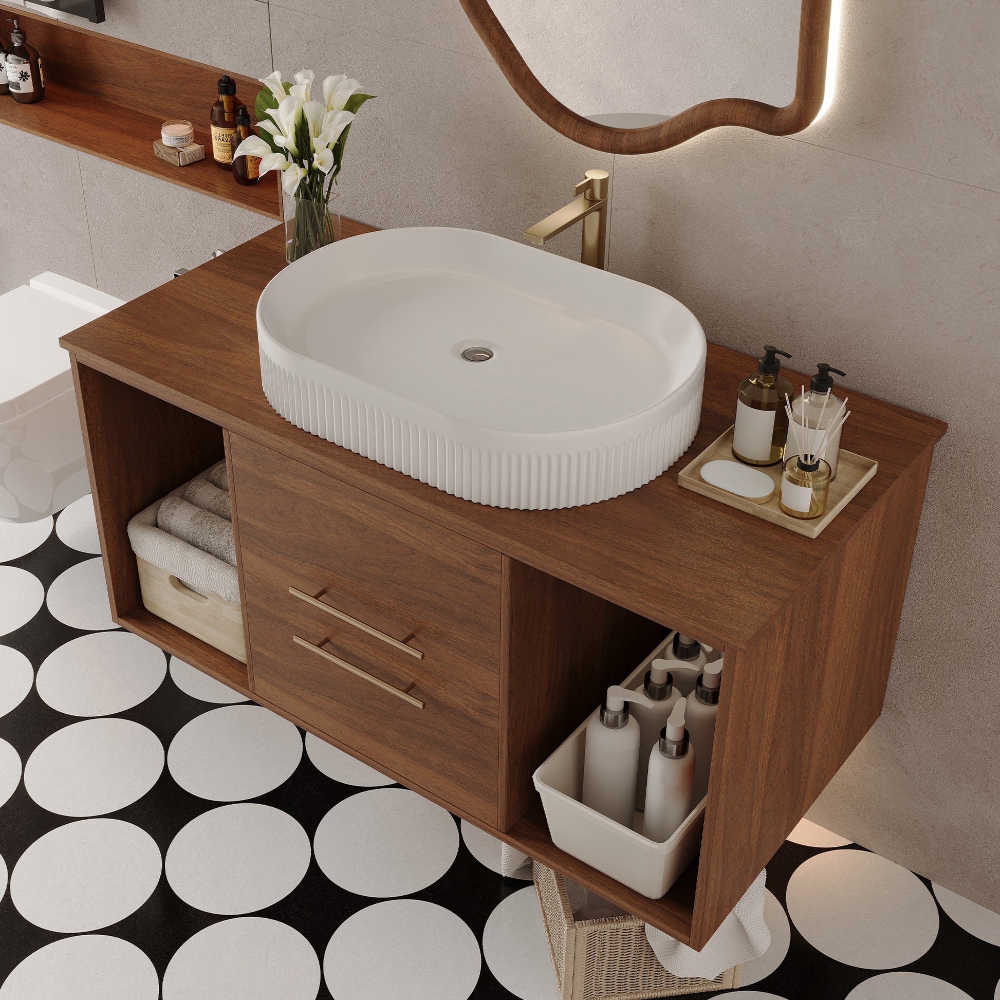Modern 39.4 Wall-Mounted Bathroom Vanity with Oval Ceramic Sink Floating Vanity Multi-Layer Solid Wood Cabinet Soft-Close Drawers Open Shelf Storage Bathroom Vanity