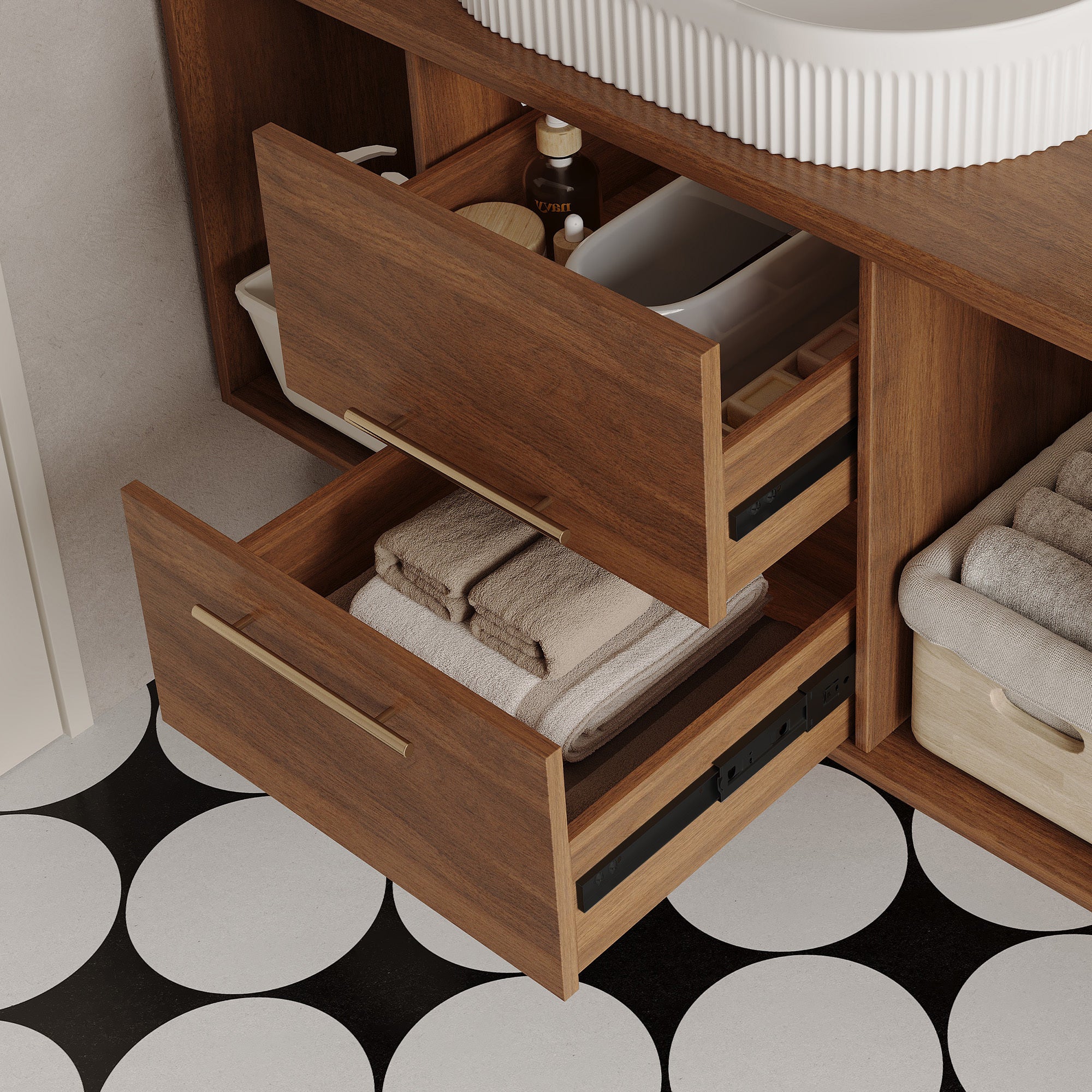 Modern 39.4 Wall-Mounted Bathroom Vanity with Oval Ceramic Sink Floating Vanity Multi-Layer Solid Wood Cabinet Soft-Close Drawers Open Shelf Storage Bathroom Vanity