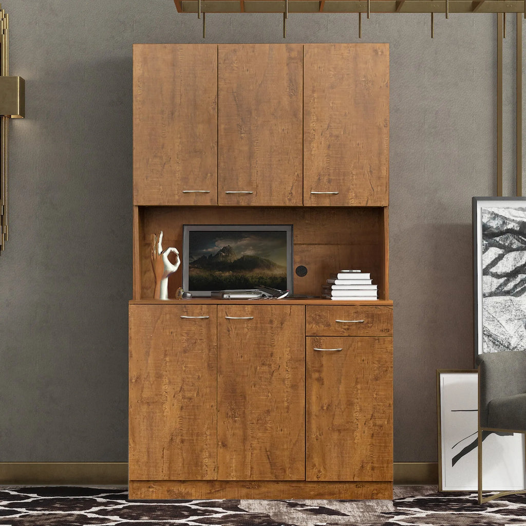 70.87" Tall Wardrobe& Kitchen Cabinet, with 6-Doors, -Open Shelves and -Drawer for bedroom,Walnut - Groovy Boardz