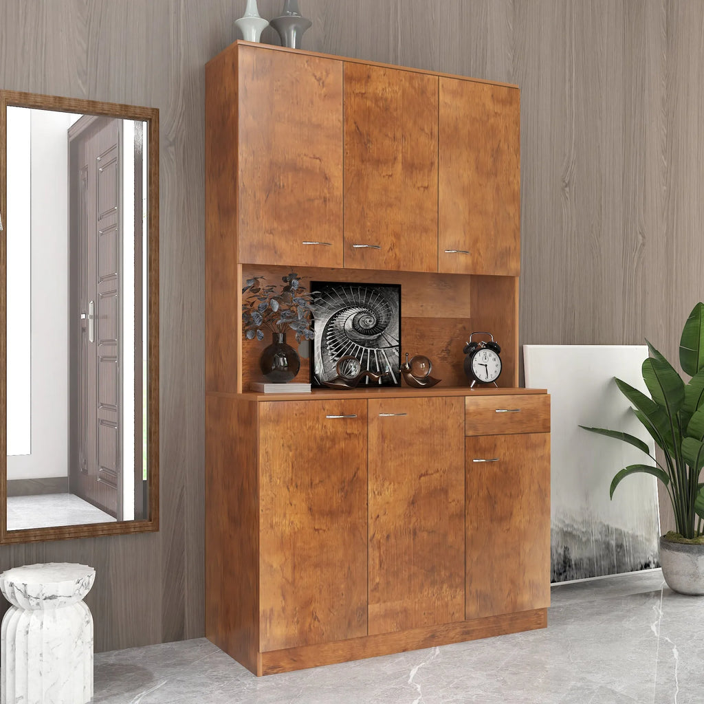 70.87" Tall Wardrobe& Kitchen Cabinet, with 6-Doors, -Open Shelves and -Drawer for bedroom,Walnut - Groovy Boardz