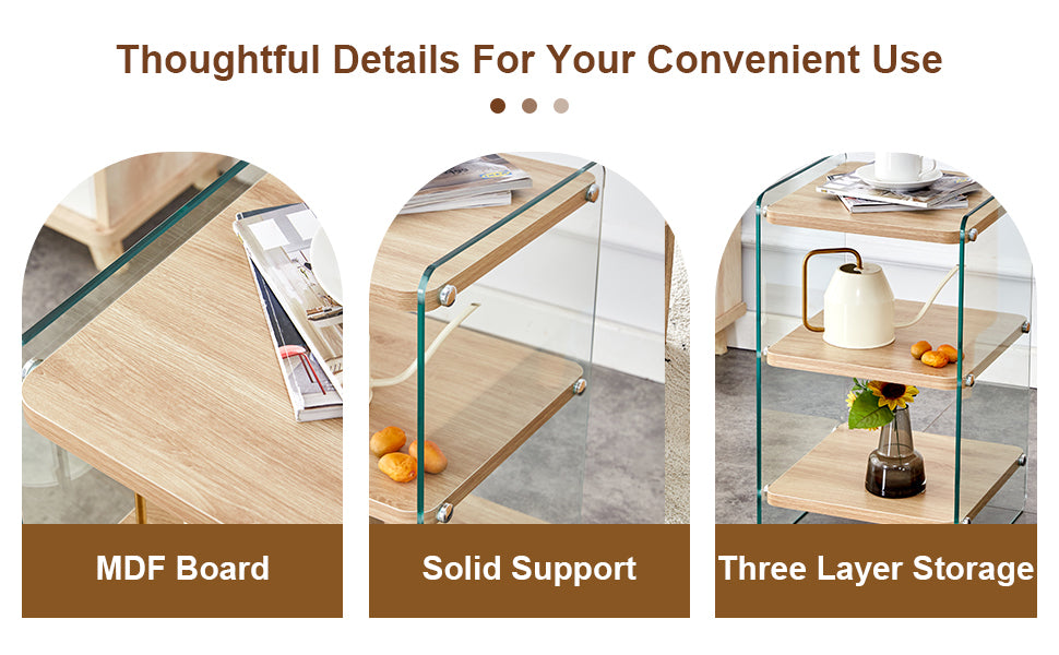 Three layer bedside cabinet.The board is made of MDF with wooden stickers, with transparent tempered glass on both side.The design is simple and elegant, with powerful storage function.Storage cabinet