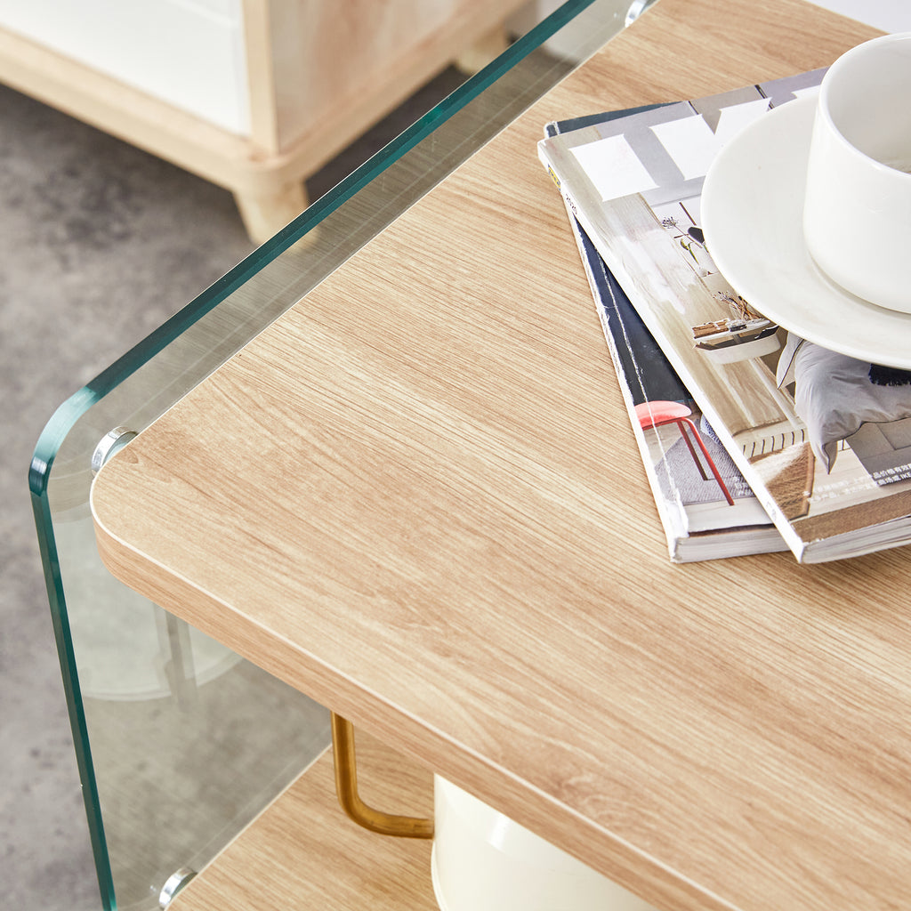 Three layer bedside cabinet.The board is made of MDF with wooden stickers, with transparent tempered glass on both side.The design is simple and elegant, with powerful storage function.Storage cabinet