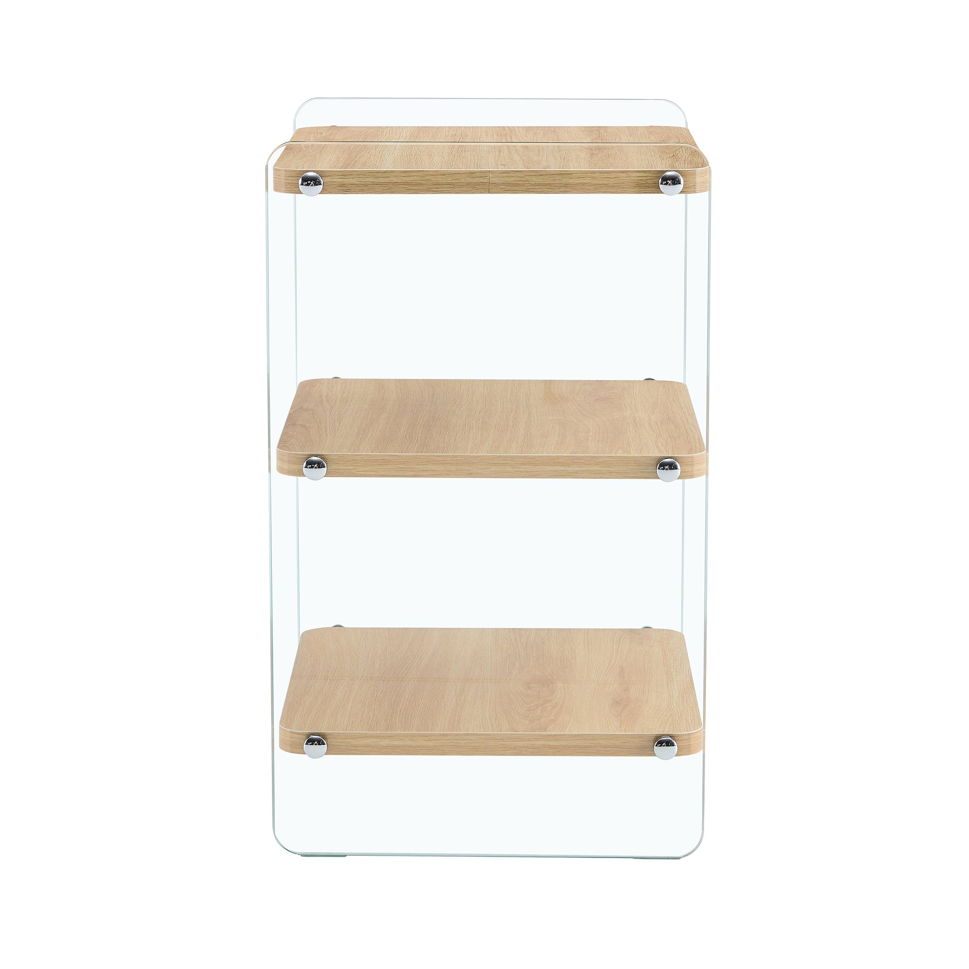 Three layer bedside cabinet.The board is made of MDF with wooden stickers, with transparent tempered glass on both side.The design is simple and elegant, with powerful storage function.Storage cabinet