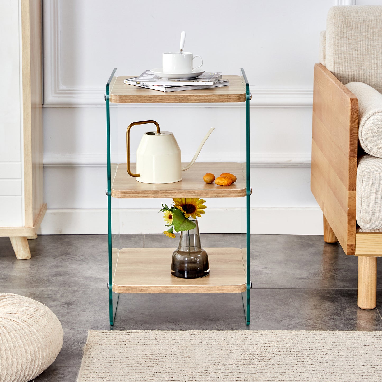 Three layer bedside cabinet.The board is made of MDF with wooden stickers, with transparent tempered glass on both side.The design is simple and elegant, with powerful storage function.Storage cabinet