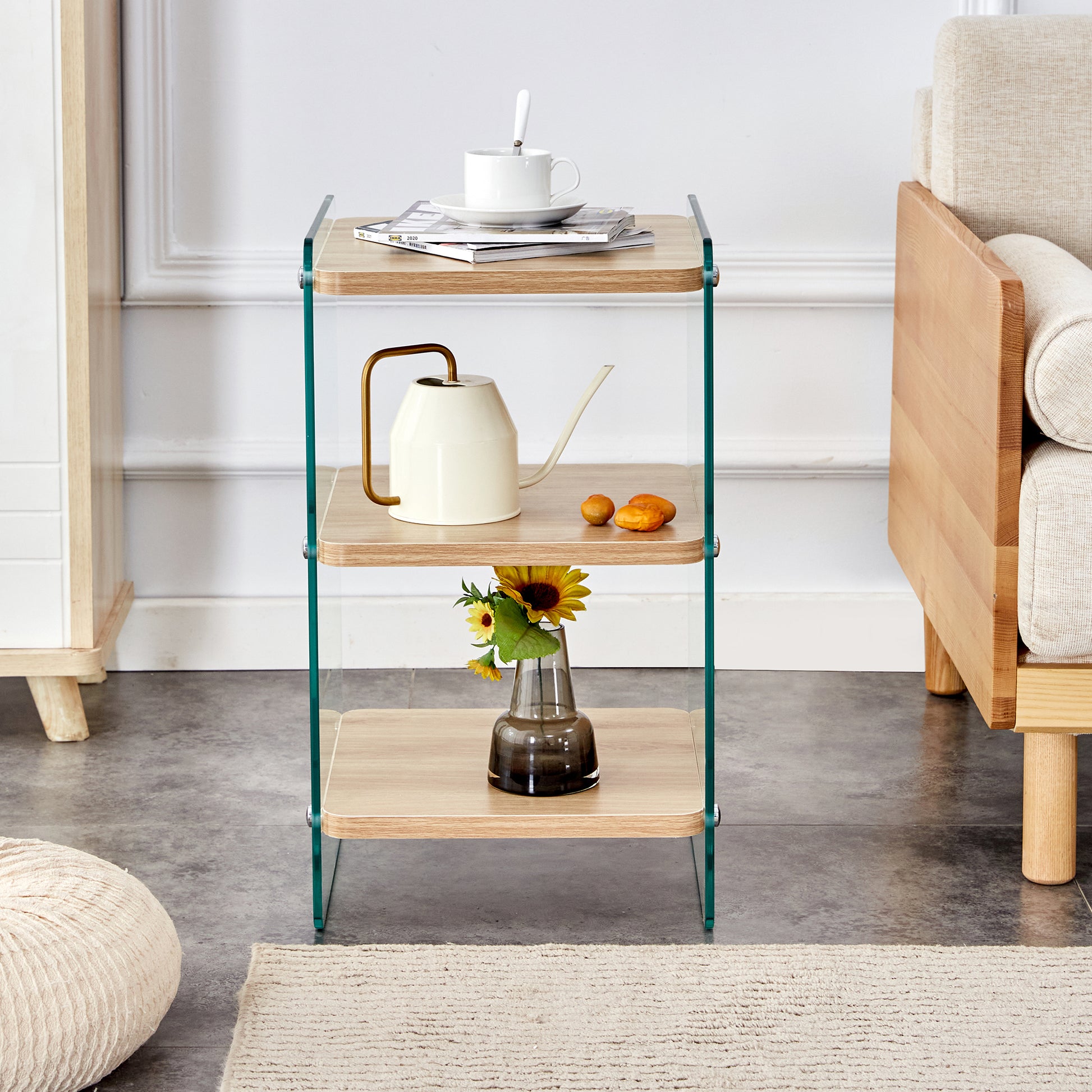 Three layer bedside cabinet.The board is made of MDF with wooden stickers, with transparent tempered glass on both side.The design is simple and elegant, with powerful storage function.Storage cabinet