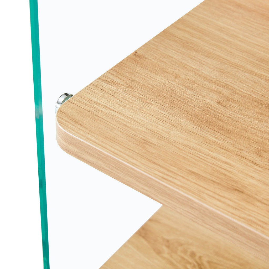 Three layer bedside cabinet.The board is made of MDF with wooden stickers, with transparent tempered glass on both side.The design is simple and elegant, with powerful storage function.Storage cabinet