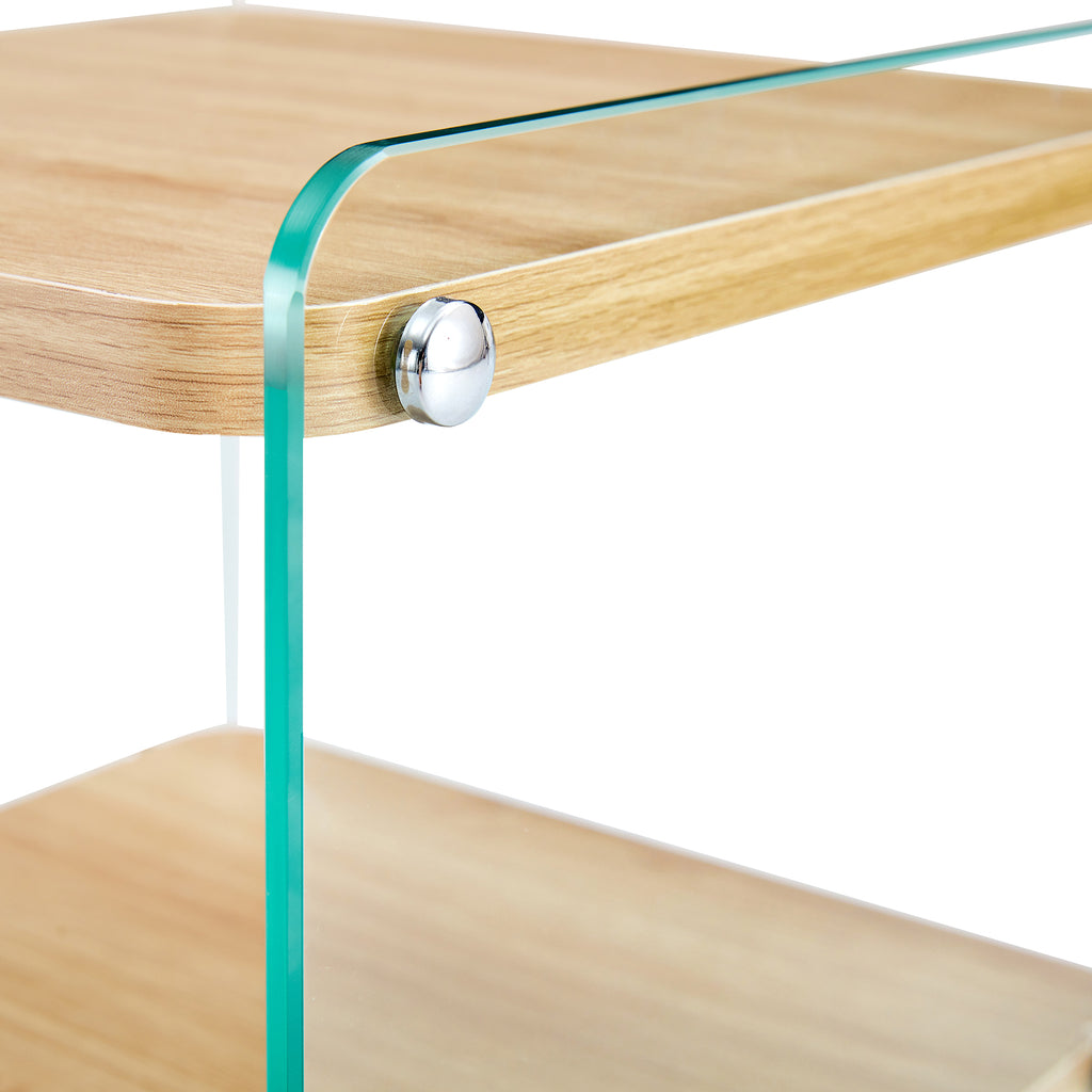 Three layer bedside cabinet.The board is made of MDF with wooden stickers, with transparent tempered glass on both side.The design is simple and elegant, with powerful storage function.Storage cabinet