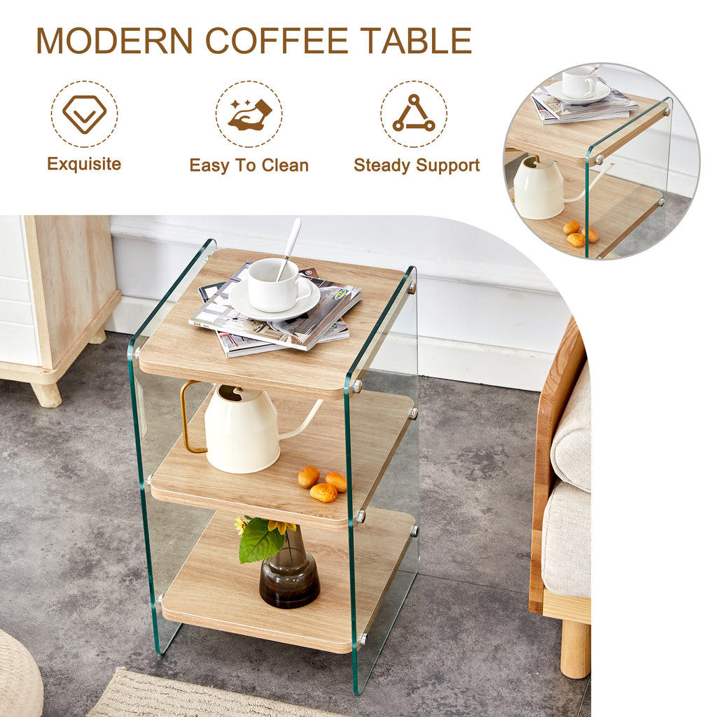 Three layer bedside cabinet.The board is made of MDF with wooden stickers, with transparent tempered glass on both side.The design is simple and elegant, with powerful storage function.Storage cabinet