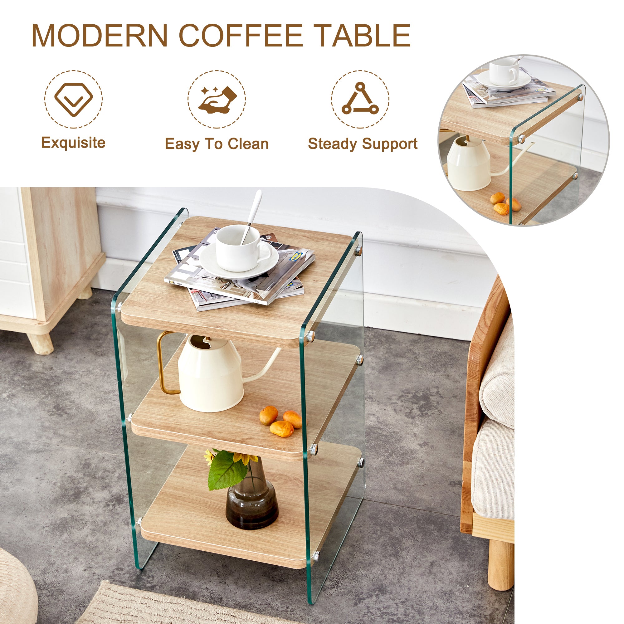 Three layer bedside cabinet.The board is made of MDF with wooden stickers, with transparent tempered glass on both side.The design is simple and elegant, with powerful storage function.Storage cabinet