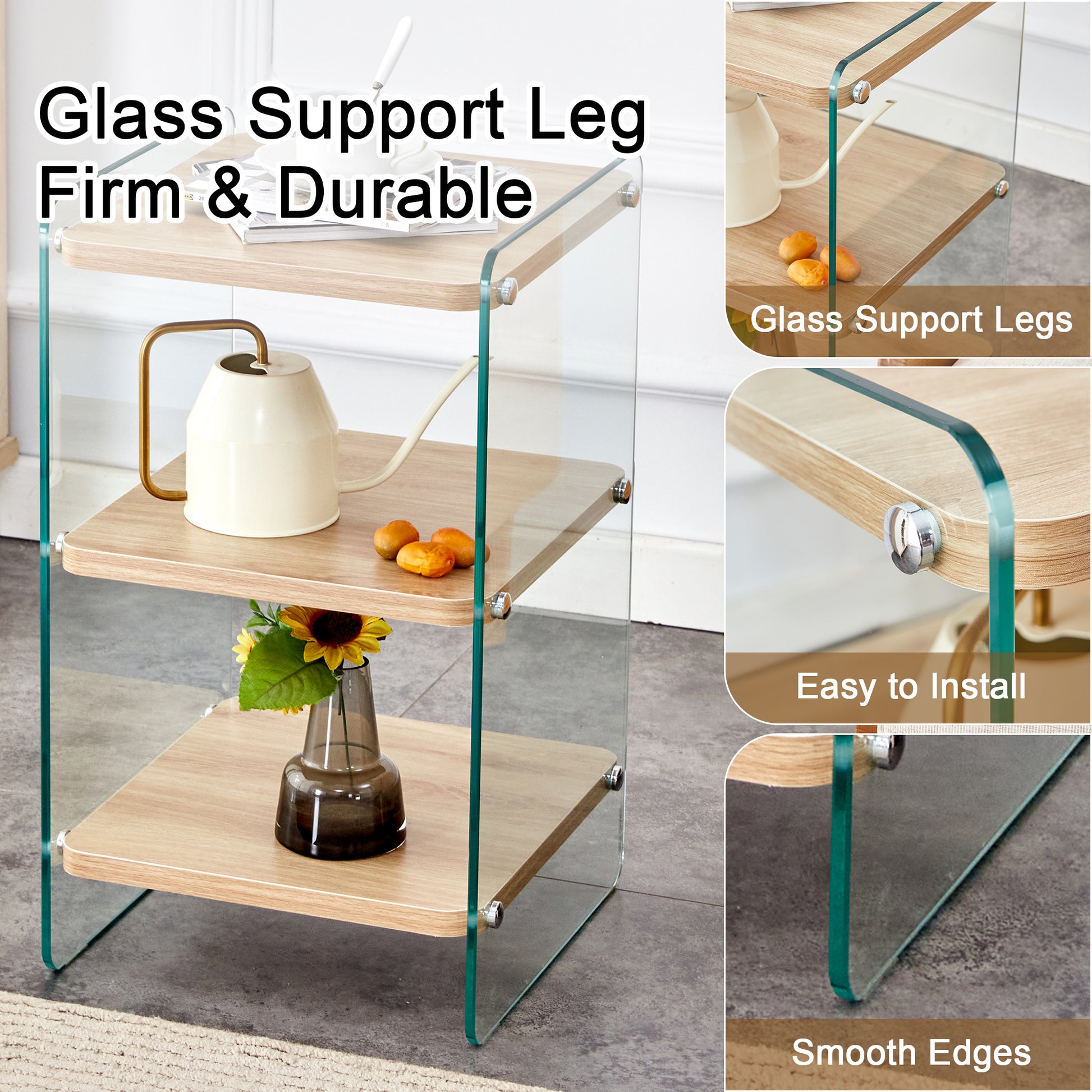 Three layer bedside cabinet.The board is made of MDF with wooden stickers, with transparent tempered glass on both side.The design is simple and elegant, with powerful storage function.Storage cabinet