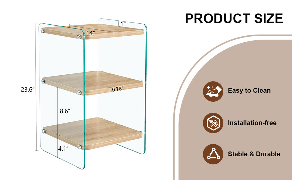 Three layer bedside cabinet.The board is made of MDF with wooden stickers, with transparent tempered glass on both side.The design is simple and elegant, with powerful storage function.Storage cabinet