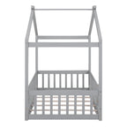 Twin Size Wood Bed House Bed Frame with Fence, for Kids, Teens, Girls, Boys, Gray
