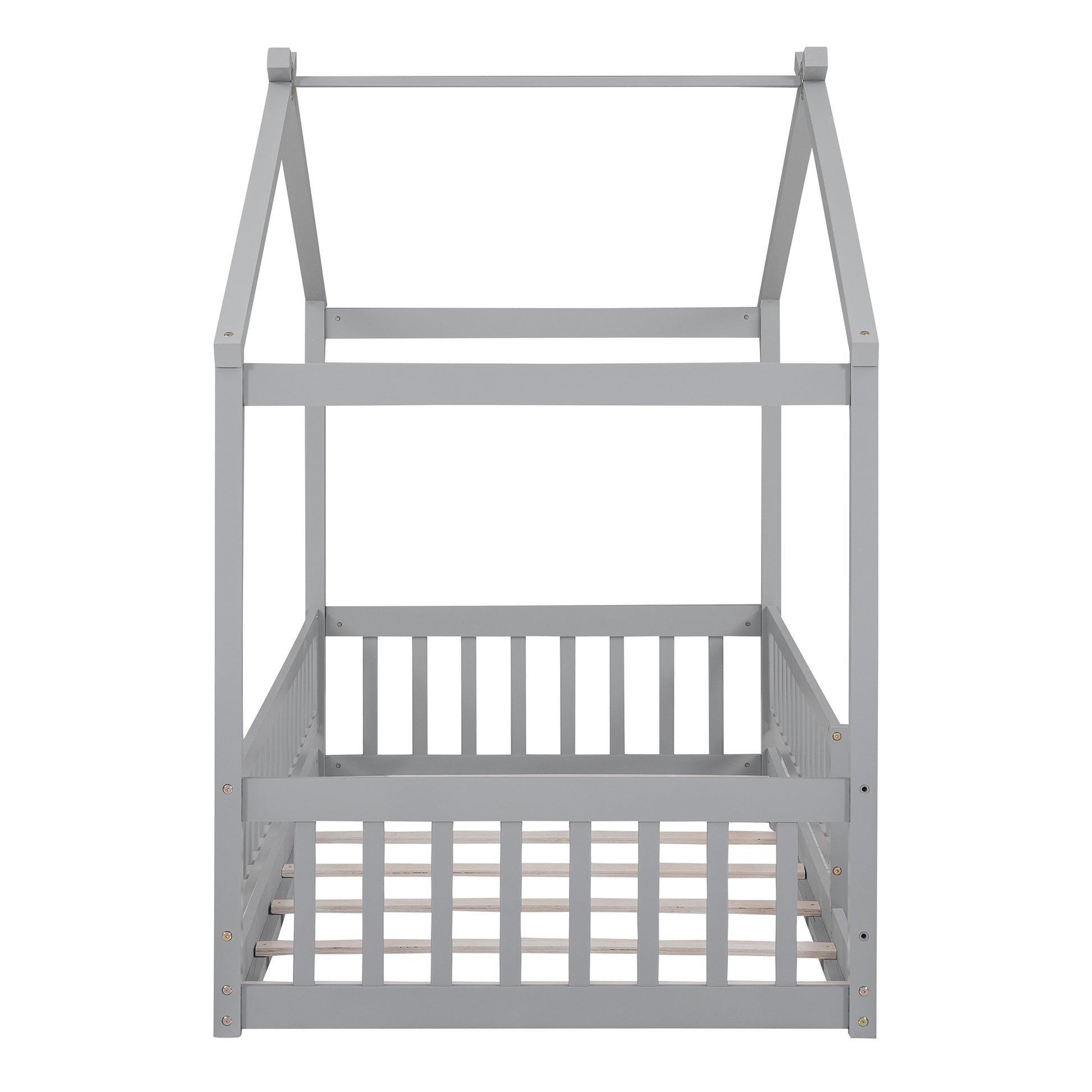 Twin Size Wood Bed House Bed Frame with Fence, for Kids, Teens, Girls, Boys, Gray