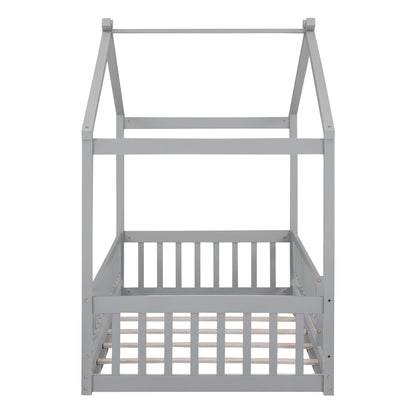 Twin Size Wood Bed House Bed Frame with Fence, for Kids, Teens, Girls, Boys, Gray