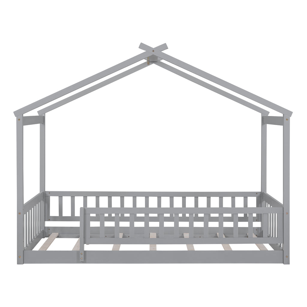 Twin Size Wood Bed House Bed Frame with Fence, for Kids, Teens, Girls, Boys, Gray